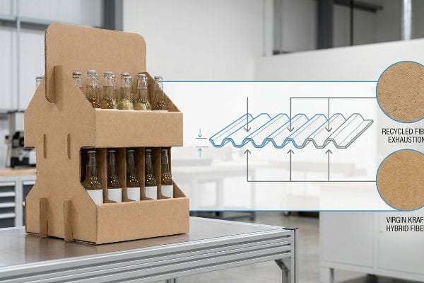 Corrugated cardboard beverage display with glass bottles, illustrating Recycled Fiber Exhaustion and Virgin Kraft Hybrid Fiber flute structure.