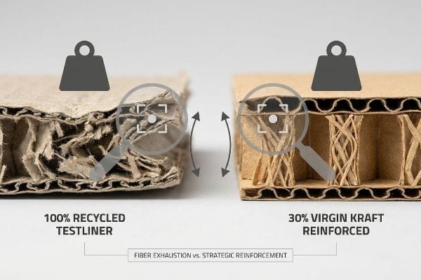 Corrugated board comparison: 100% Recycled Testliner showing fiber exhaustion vs. 30% Virgin Kraft Reinforced with strong flutes.