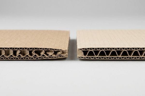 Left corrugated cardboard shows exhausted, irregular flutes; right displays uniform, robust flutes, highlighting fiber integrity.