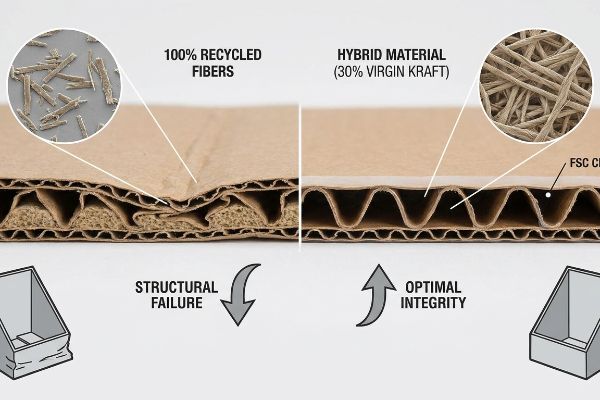 Corrugated board comparison: 100% Recycled Fibers show structural failure and short fibers, while Hybrid Material (30% Virgin Kraft) board offers optimal integrity with long fibers and FSC certification.