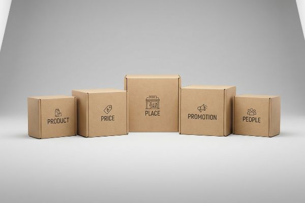 Five brown corrugated cardboard boxes illustrate the 5 P's of retail: Product, Price, Place, Promotion, and People.
