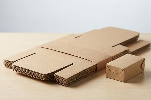 Arranged on a light wooden surface, a stack of unassembled brown corrugated cardboard flat-pack boxes sits beside one small, assembled packaging box.