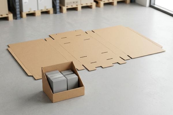On a concrete floor, an unassembled corrugated cardboard retail display bin lies flat next to a partially assembled one filled with products.