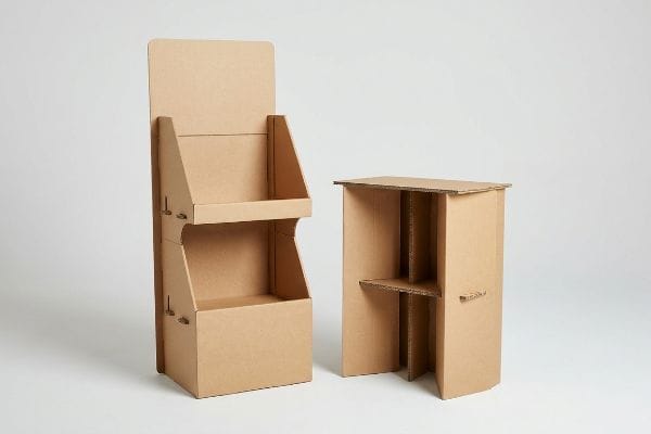 Two custom corrugated cardboard POP display stands, including a tall floor display and a shorter counter merchandiser.