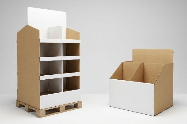 Natural kraft and white corrugated cardboard displays, featuring an empty multi-shelf floor unit on a GMA pallet and a two-compartment counter display.