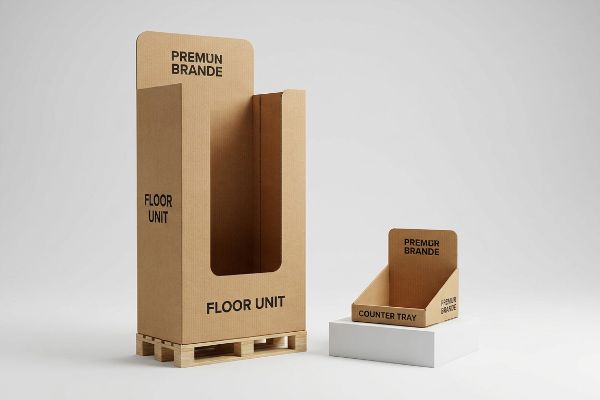 Corrugated cardboard Premun Brande floor unit on a wooden pallet next to a smaller counter tray, both empty retail displays.