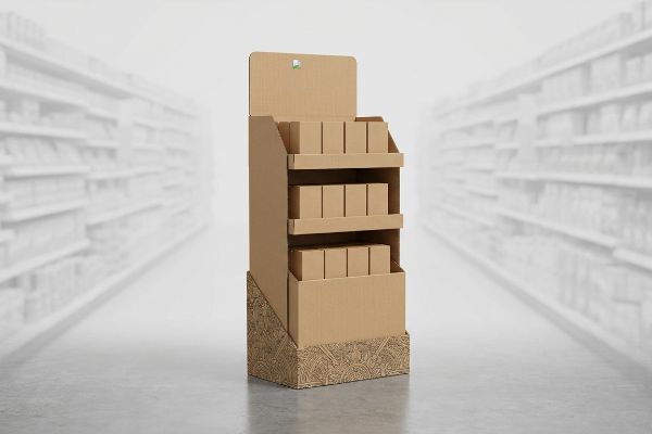 Brown corrugated cardboard floor display with three shelves of boxes, featuring a subtle patterned base, in a retail aisle.