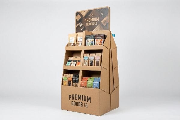 Corrugated cardboard floor display unit, branded 'Premium Goods Co.', merchandising various packaged goods in a retail environment.