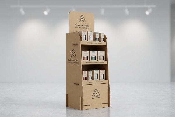 A retail floor display made from corrugated cardboard showcases various packaged products, featuring the 'A' logo and 'Product Messaging With Packaging' text.