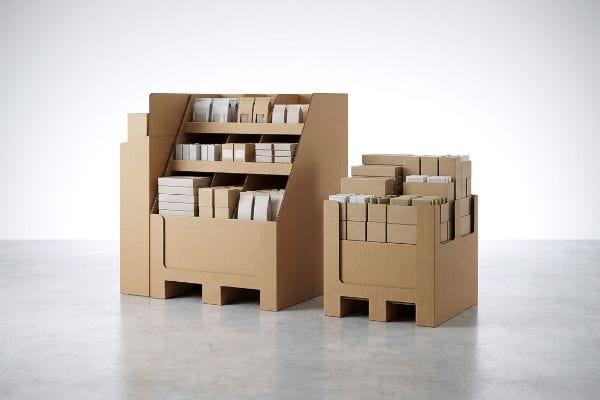 Natural brown corrugated cardboard retail displays: a multi-tiered floor unit and a fractional pallet, both filled with product boxes.
