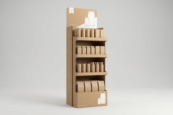 Maquette de présentoir de point de vente en carton Un présentoir de sol minimaliste en carton ondulé met en valeur des maquettes d'emballages de produits génériques, avec des bouteilles cylindriques et des boîtes rectangulaires disposées sur quatre étagères.
