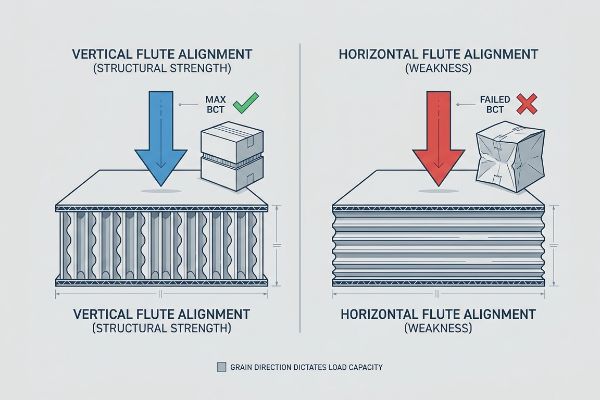 Corrugated cardboard diagram: Vertical Flute Alignment (Structural Strength, Max BCT) vs. Horizontal Flute Alignment (Weakness, Failed BCT).