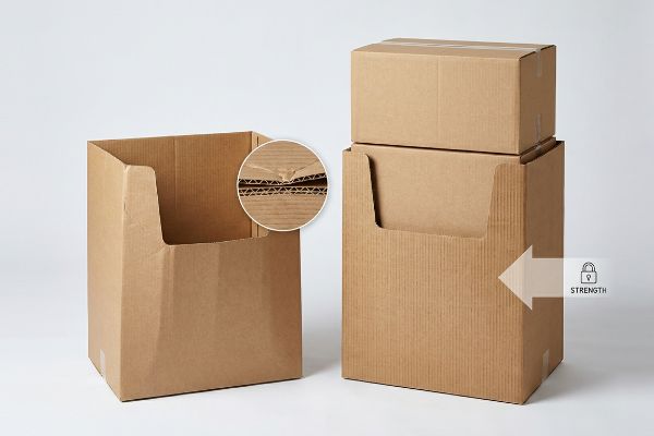 Corrugated cardboard boxes. Magnified buckled inner flutes contrast with a stacked box, illustrating 'Strength' and top-load capacity.