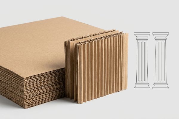 Corrugated cardboard sheets with exposed vertical fluting, illustrating strength like architectural columns.