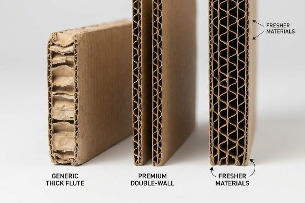 Corrugated board comparison showing Generic Thick Flute, Premium Double-Wall, and Premium Double-Wall with Fresher Materials for enhanced durability.