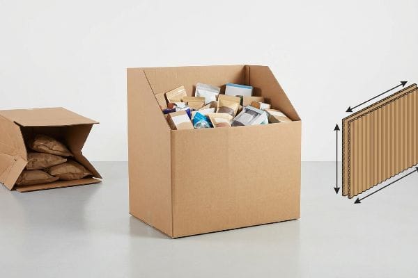 Corrugated cardboard dump bin with packaged goods, a collapsed box, and a diagram of corrugated flutes.