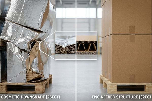 Crushed 26ECT Cosmetic Downgrade corrugated boxes contrasted with stable 32ECT Engineered Structure boxes, showing internal flute damage.