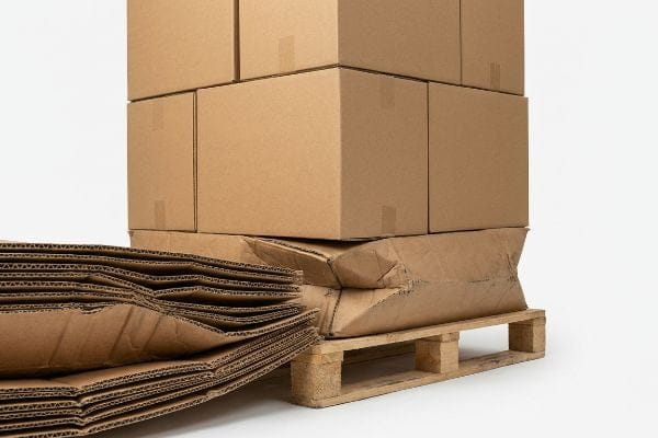 Flattened, fatigued corrugated cardboard sheets lie beside new brown shipping boxes stacked on a wooden pallet, illustrating packaging material fatigue.