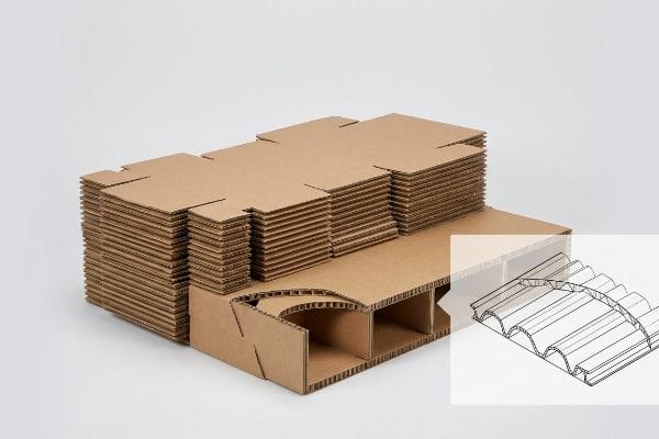Brown corrugated cardboard, flat-packed and assembled, showing die-cut fluted paperboard and internal arched geometry.