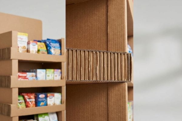 Brown corrugated cardboard display showcasing vertical flutes for structural integrity, with multi-tiered shelves holding various snack packages.