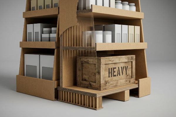 Corrugated cardboard display cross-section reveals vertical flutes, supporting a 'Heavy' wooden crate and various product boxes.