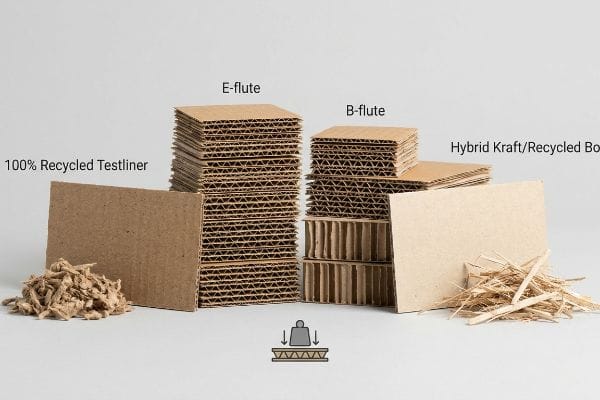 Corrugated E-flute, B-flute, 100% Recycled Testliner, and Hybrid Kraft/Recycled Box materials with fiber samples, highlighting display strength.