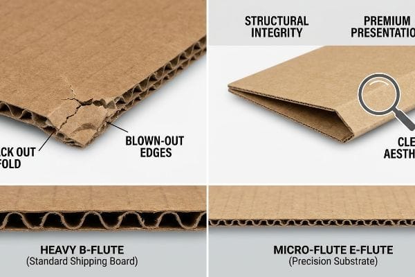 A four-panel comparison shows damaged Heavy B-Flute cardboard with Crack Out Folds and Blown-Out Edges contrasted with smooth Micro-Flute E-Flute for Structural Integrity and Clean Aesthetics.