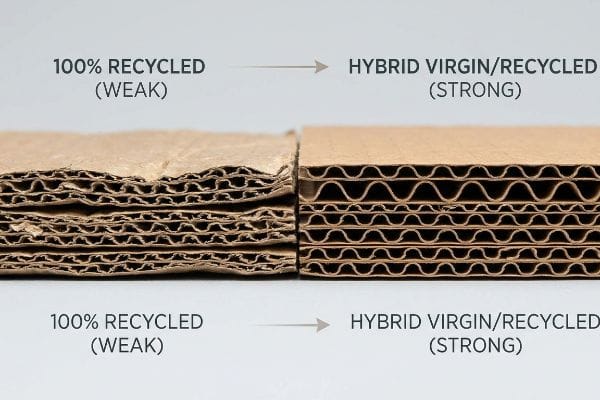 Recycled vs Hybrid Corrugation Cross-section comparison of 100% Recycled (Weak) corrugated board with Hybrid Virgin/Recycled (Strong) board, showing distinct flute integrity.