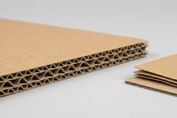 Close-up of corrugated paperboard showing multiple layers of internal flutes and kraft paper texture.