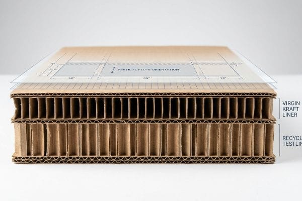 A cross-section of double-wall corrugated cardboard reveals Vertical Flute Orientation, Virgin Kraft Liner, and Recycled Testliner.