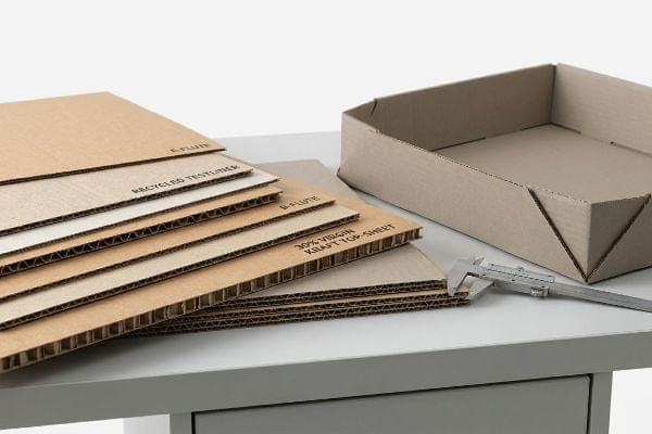 Corrugated E-Flute, B-Flute, Recycled Testliner, and 30% Virgin Kraft Top-Sheet samples, with a caliper measuring thickness and an empty tray.