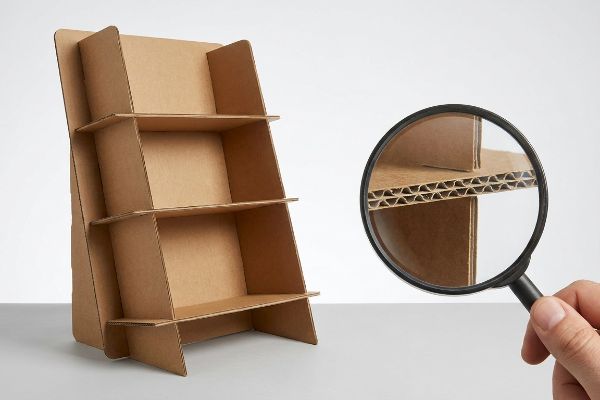 Brown corrugated cardboard display stand with three shelves, showing magnified fluted geometry under a magnifying glass.