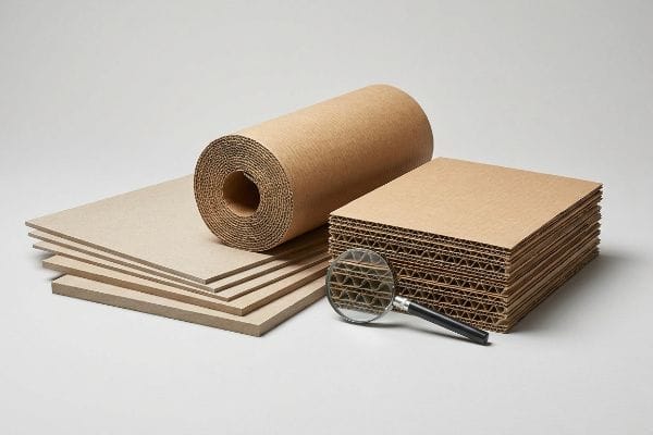 Types de carton agrandis Une loupe révèle les cannelures d'un panneau de fibres ondulé, ainsi qu'un rouleau de carton simple face et une pile de feuilles de carton compact.