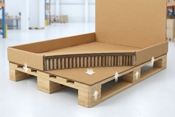 Base de cartón corrugado con estrías expuestas sobre un palé de madera, que muestra una lámina deslizante y flechas para una distribución uniforme del peso.