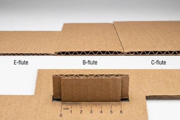 Brown corrugated board samples showcase distinct E-flute, B-flute, and C-flute profiles, with a ruler measuring the B-flute's width.