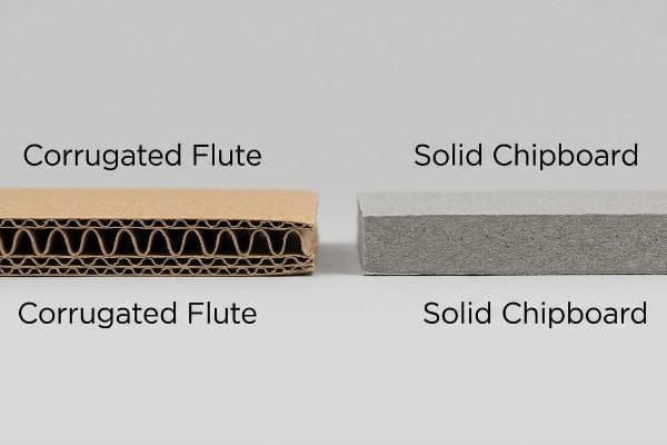 Cross-section view comparing multi-layered Corrugated Flute with internal arches to dense, unfluted Solid Chipboard, highlighting structural differences.
