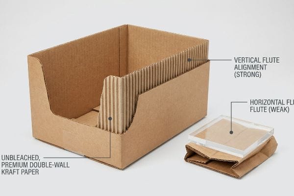 Unbleached, premium double-wall kraft paper open-top bin with strong Vertical Flute Alignment and weak Horizontal Flute.