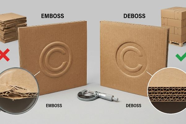 Corrugated panels compare 'Emboss' (fractured flutes, red X) and 'Deboss' (densified flutes, green checkmark). Micrometer visible.