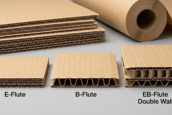 Corrugated cardboard samples displaying E-Flute, B-Flute, and EB-Flute Double Wall profiles, with a kraft paper roll.