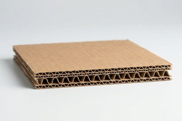 Stacked brown corrugated cardboard sheets reveal multiple fluted medium layers between flat linerboards, showcasing the engineered packaging material.