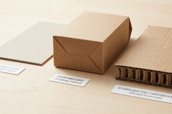 Three distinct paper-based packaging materials, Cardstock (Heavy Paper), Paperboard (Folding Carton), and Corrugated Cardboard (Fluted Structure), are arranged on a light wooden table.