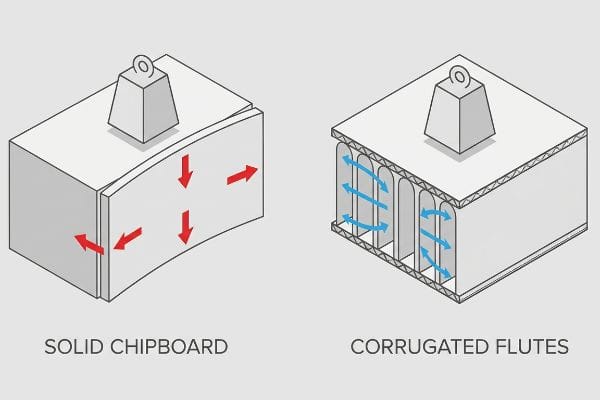Isometric diagram comparing Solid Chipboard bowing under top-load with Corrugated Flutes dispersing kinetic shock via internal arches.