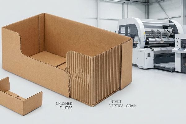 Corrugated cardboard open-top bin showing Crushed Flutes versus Intact Vertical Grain, with factory machinery in background.