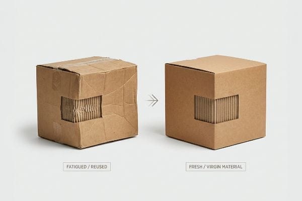 Brown corrugated boxes: Fatigued / Reused with compressed flutes vs. Fresh / Virgin Material, showing structural integrity.