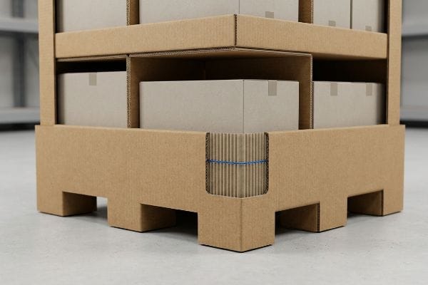 A sturdy cardboard display's corner reveals corrugated fluting structural support secured by a blue band, resting on a cardboard pallet base.