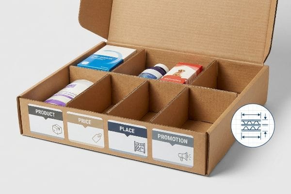 Corrugated cardboard box with internal dividers displaying 