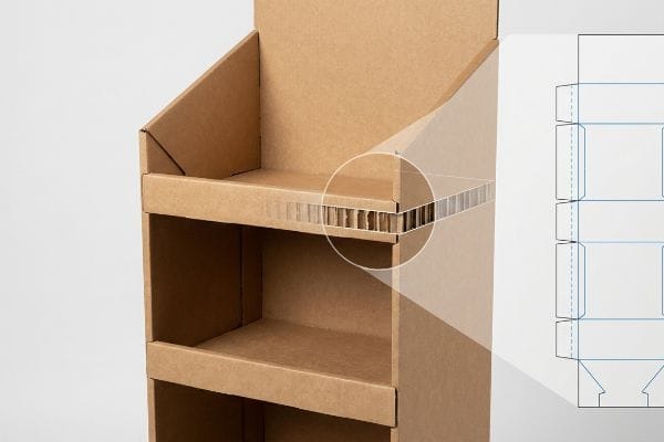 Showcasing the precision engineering of an eco-friendly corrugated cardboard display, with a magnified view of its fluting structure and a die-cut template.