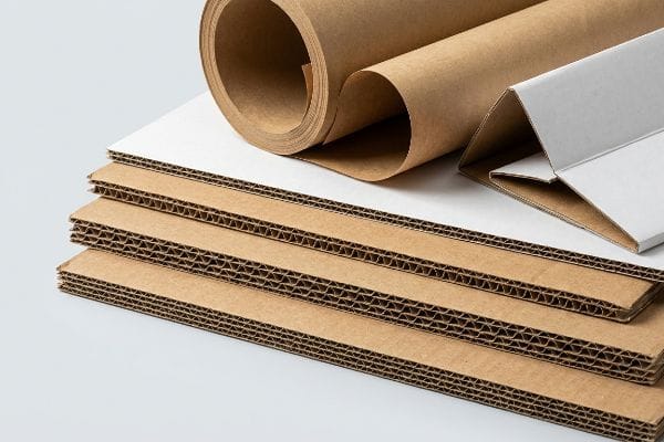 Stacked corrugated cardboard sheets with visible fluting, a roll of virgin kraft paper, and a folded white paperboard substrate for POP displays.