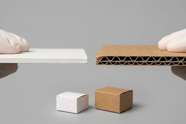 Smooth white paperboard and brown corrugated fiberboard with visible fluting are compared, alongside matching small packaging boxes.