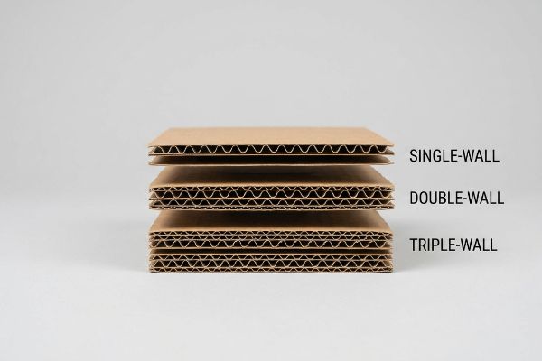 Brown corrugated cardboard samples demonstrating Single-Wall, Double-Wall, and Triple-Wall fluting profiles.